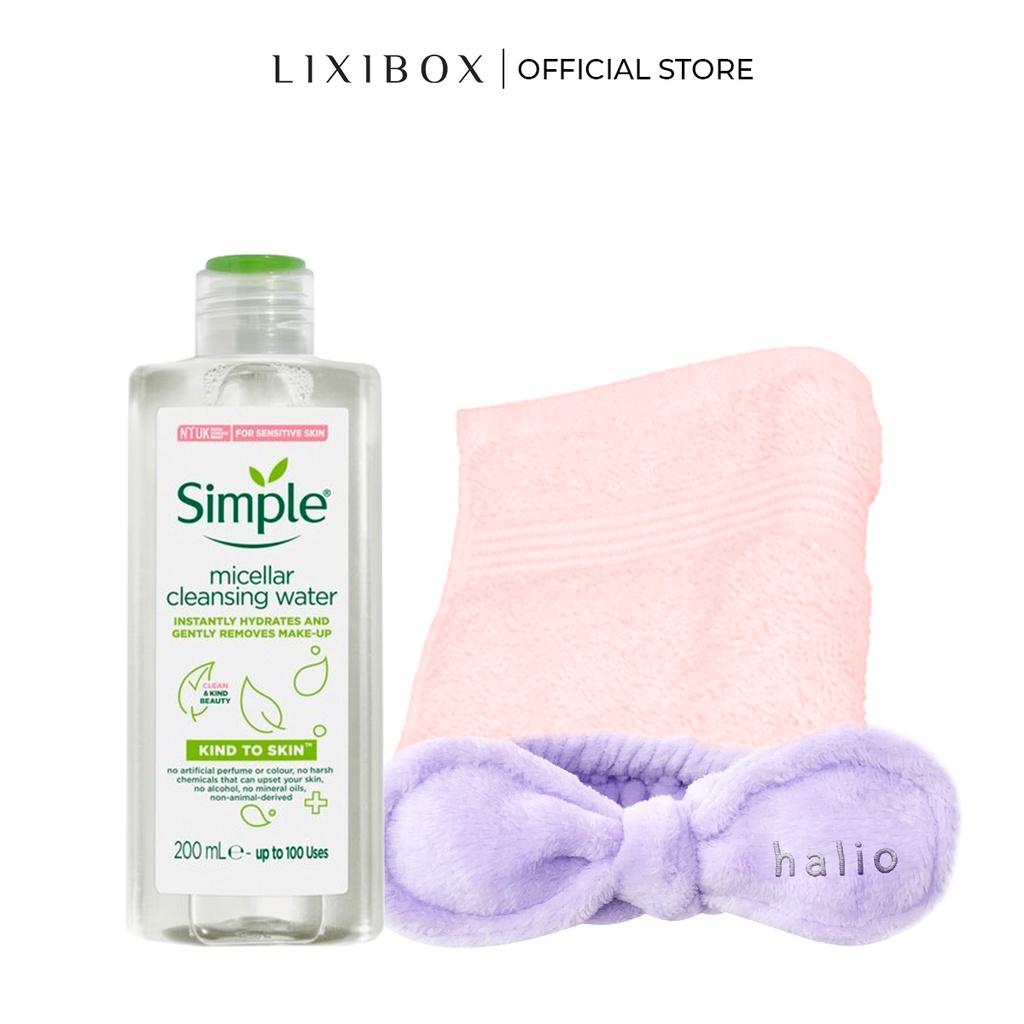 [HB Gift] Combo Nước Tẩy Trang Simple, Khăn mặt Cotton Lixibox Màu Hồng, Băng Đô Rửa Mặt Halio - Purple