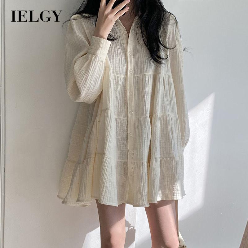 Đầm IELGY cổ polo tay dài dáng rộng thiết kế cài nút thời trang đơn giản dành cho nữ