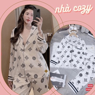 Hàng có sẵn đồ bộ nữ pijama ♥️ bộ lụa tay dài quần dài ♥️ họa tiết sang 2 màu trắng hồng và trắng đen