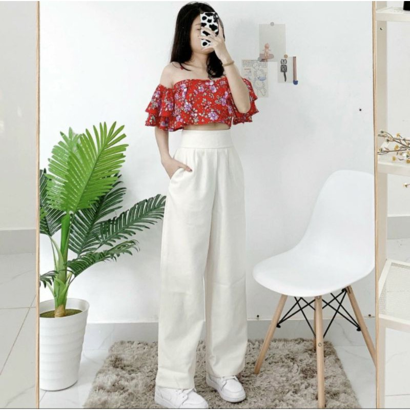 [Corn9] SET CROP BẸT VAI HOA + Quần SUÔNG TRẮNG