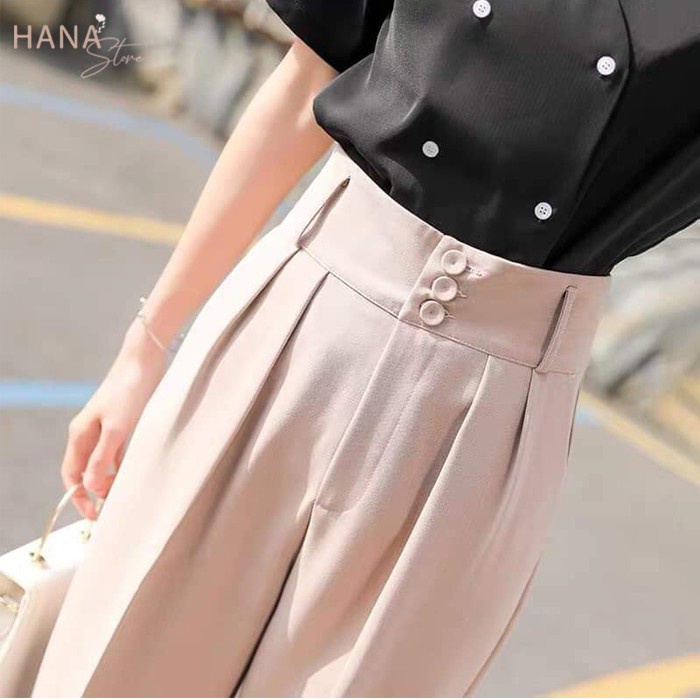 Quần baggy công sở nữ cạp bản to 3 cúc sang chảnh giành cho phái đẹp - Q356 chất siêu mát, co dãn, mầu đen tr