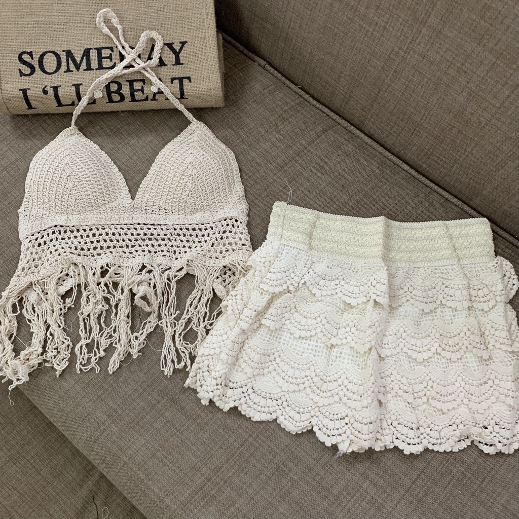 [Mã SKAMFSW175 giảm 10K đơn 50K] Ren 01-Set bikini ren 3 món đi biển - áo bra- quần sóc- áo choàng ( CÓ BÁN RỜI)