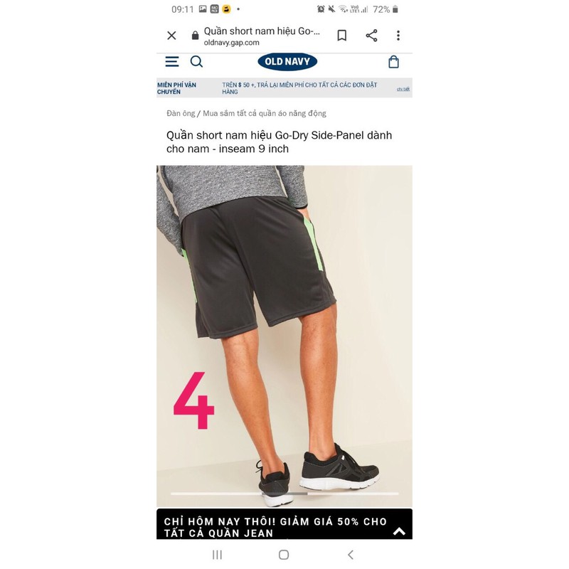 Quần Short Old Navy Active vải Go-dry mau khô thoáng khí