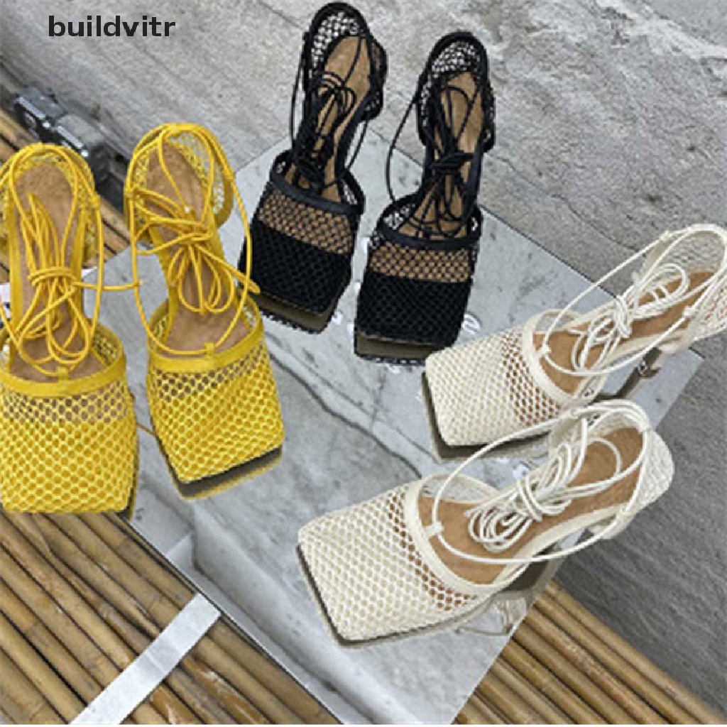 【vi】 2021 New Sexy Yellow Mesh Pumps Sandals Female Square Toe high heel Lace Up Cross-tied Stiletto hollow Dress shoes .