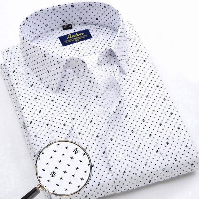 Áo Sơ Mi Nam Công Sở Trung Niên Thương Hiệu Anton Dài Tay Trắng Họa Tiết Chấm Bi Vải Cotton Co Giãn, Thấm Hút - Y302