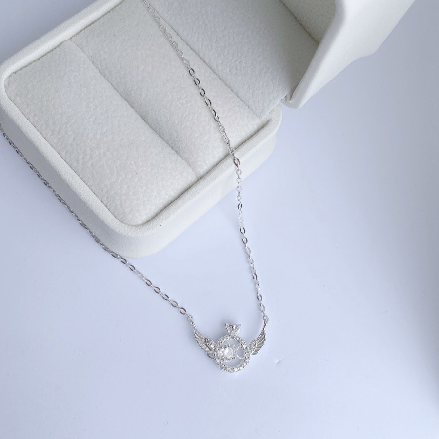 Dây chuyền bạc nữ Evasilver hình đôi cánh đính mặt đá tròn, dây chuyền chuẩn bạc ta sang trọng nữ tính