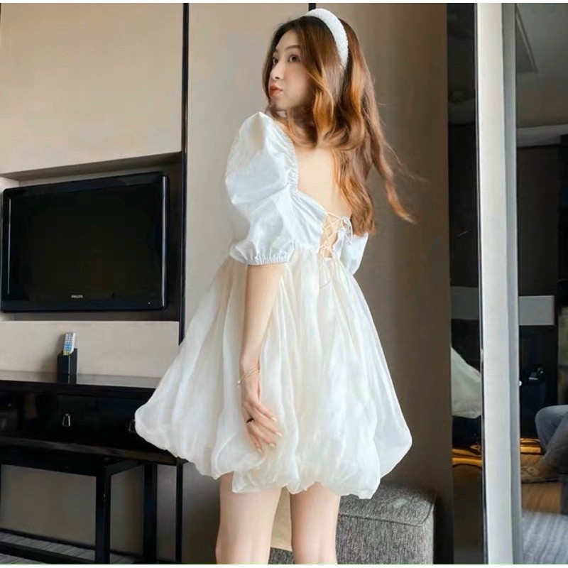 ĐẦM XOÈ CỔ VUÔNG TAY PHỒNG ĐAN DÂY LƯNG | BigBuy360 - bigbuy360.vn