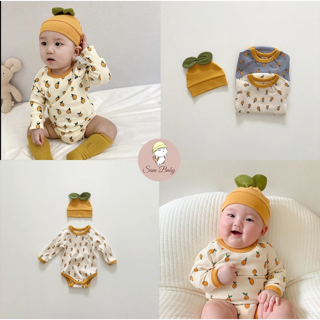 Bộ liền thân dài tay trái chanh tặng kèm mũ cho bé trai bé gái 5-13kg- SamBaby