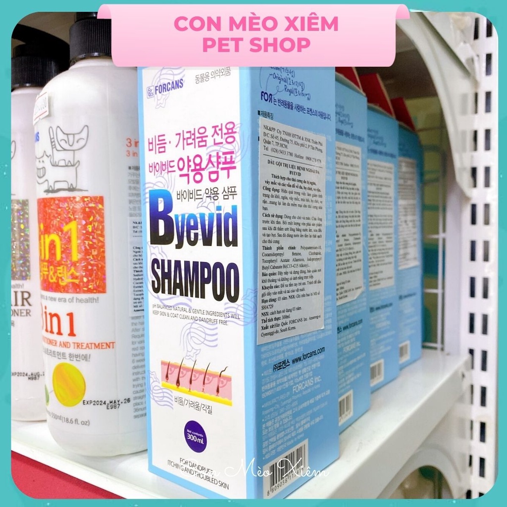 Sữa tắm cho chó mèo Forcans byevid 300ml, viêm da nấm ghẻ chăm sóc lông Con Mèo Xiêm