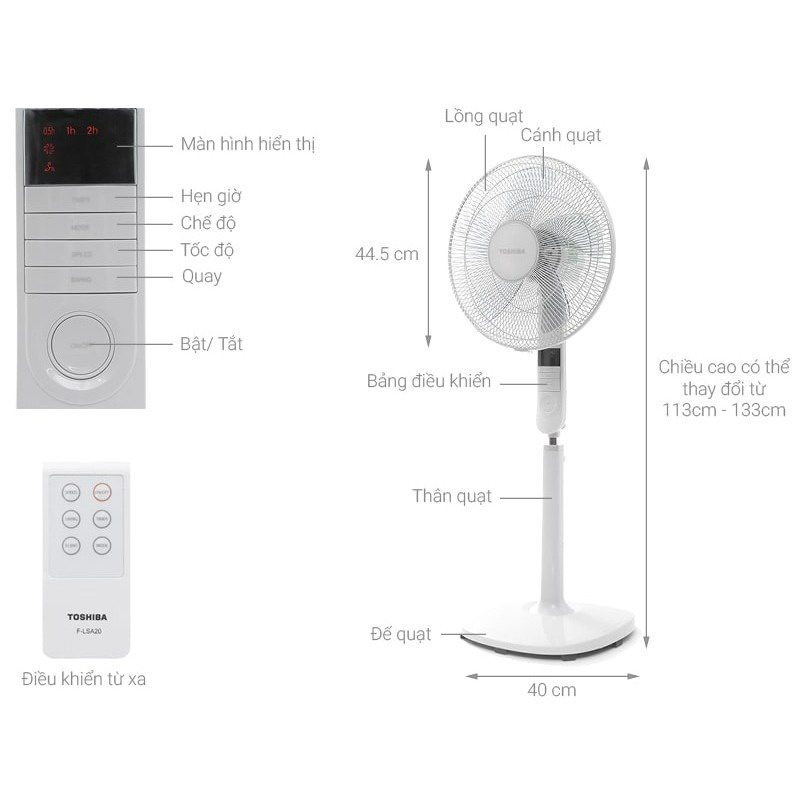 Quạt đứng điều khiển từ xa Toshiba F-LSA20(H)VN 5 cánh hẹn giờ tắt /mở màu xám - Bảo hành hãng 12 tháng