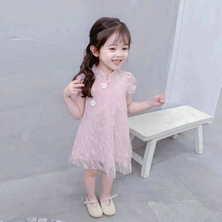 Đầm Sườn Xám Tay Ngắn Phối Ren Thời Trang Dành Cho Bé Gái 1-8 Tuổi