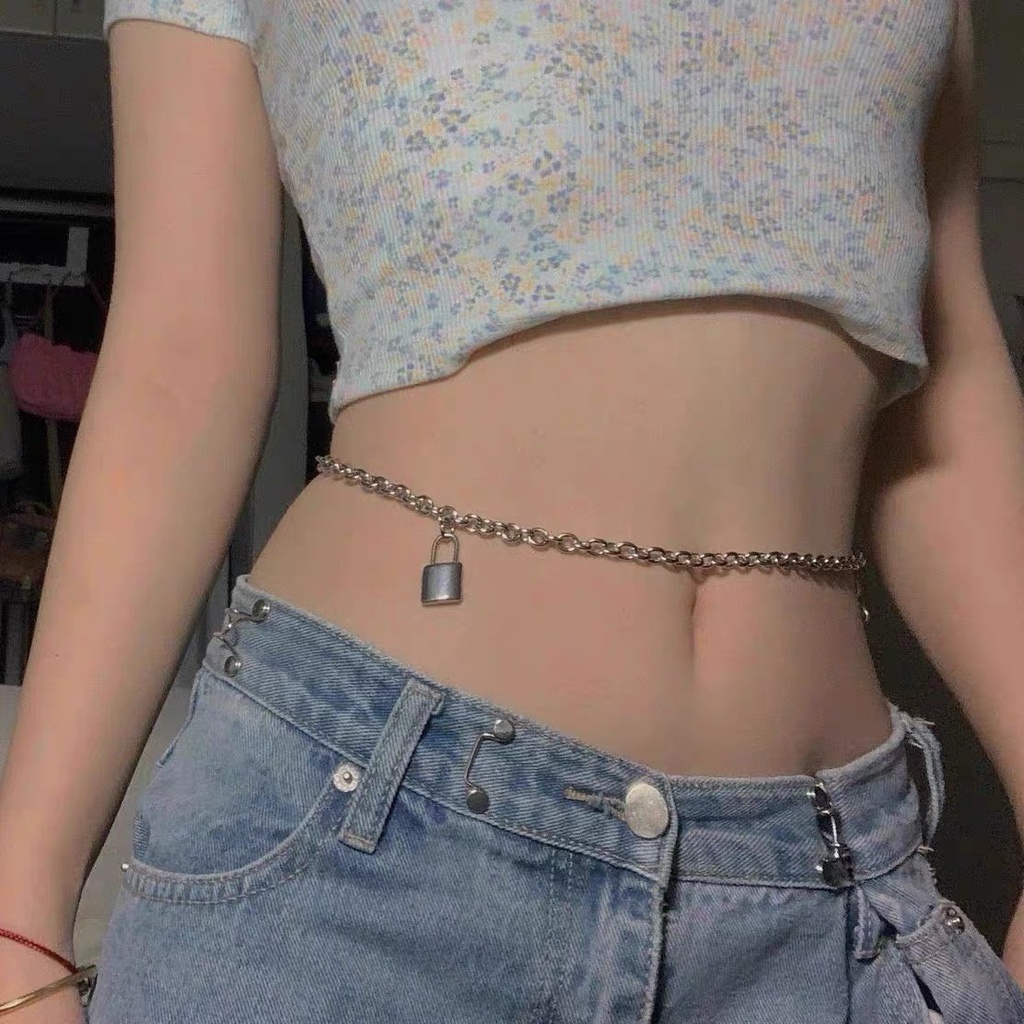 Dây xích thắt eo hình ổ khóa hot girl 2 màu cá tính Chuỗi thắt lưng trang trí váy