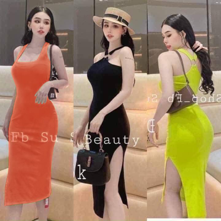 Đầm khoen mặc 2 kiểu khoen trước hoặc sau ôm body xẻ tà trơn cực xinh , chất thun gân dày dặn