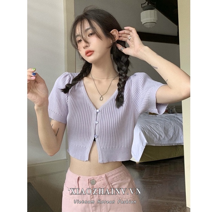 Xiaozhainv Áo Sweater Dệt Kim Tay Ngắn Phồng Cổ Chữ V 6 Màu Phong Cách Vintage Cho Nữ