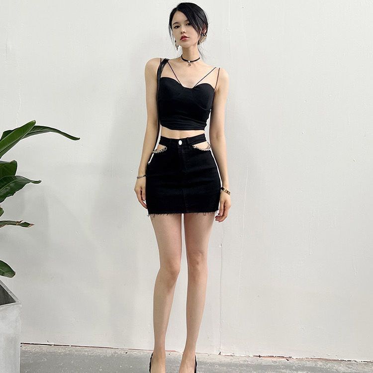 Jiashucheng Chân Váy Denim Chữ a Hở Vai Phối Dây Xích Thời Trang Mùa Hè Quyến Rũ Dành Cho Nữ