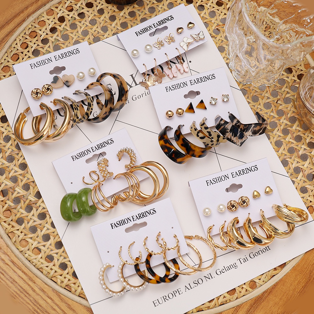 Set khuyên tai bằng kim loại và nhựa họa tiết bướm da báo đính ngọc trai nhiều kiểu dáng đa dạng