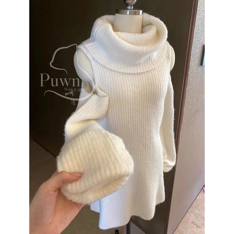 Váy len trắng cao cổ khoét vai trắng Giáng sinh Noel ấm áp Puwn Shop