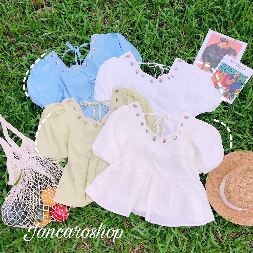 Áo babydoll Thêu Hoa Hồng Tay Phồng Cột Nơ Phong Cách Hè Chất Mát - Jancaroshop