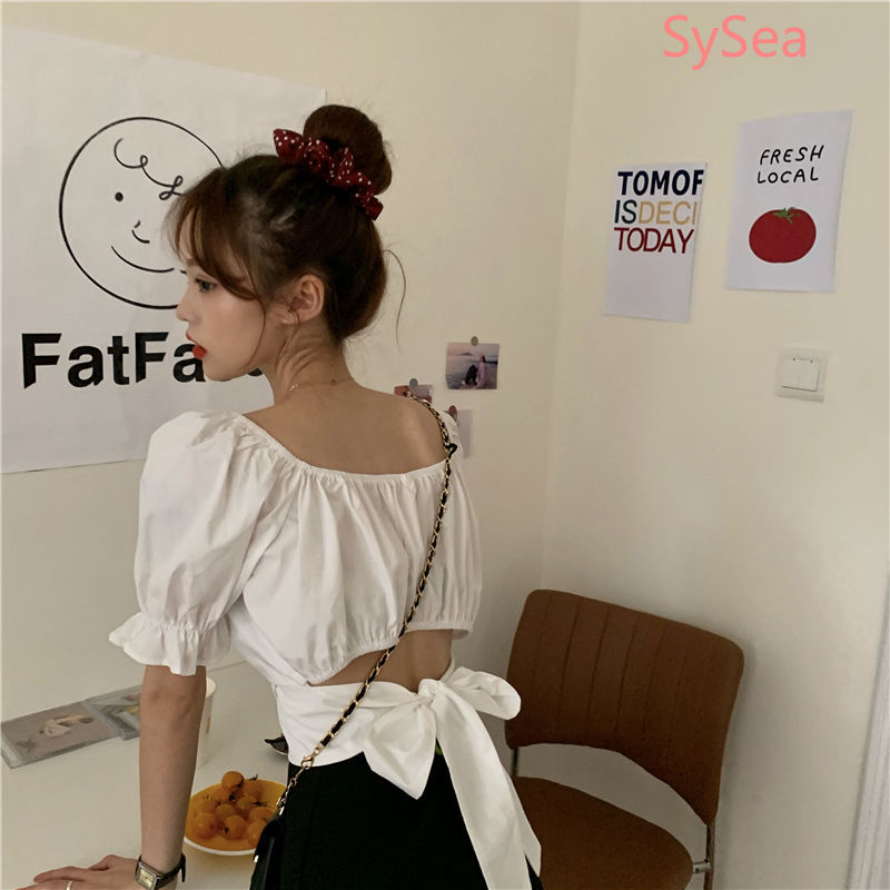 Áo sơ mi kiểu croptop tay ngắn kiểu cổ vuông hở lưng thời trang trẻ trung cho bạn gái