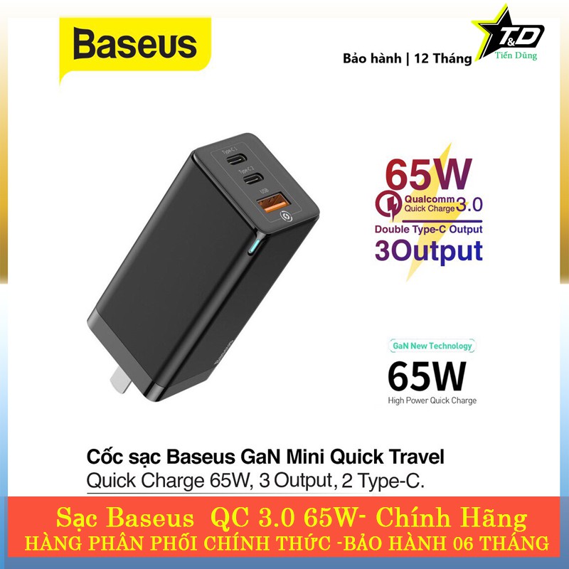 Cốc sạc nhanh Baseus 65W chip GaN QC3.0 3 cổng ra trong đó 2 cổng type-C