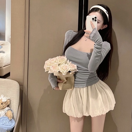 Set Áo Thun Tay Dài Chống Nắng + Quần Short Lưng Thun Ống Rộng Thời Trang Hàn Quốc Cho Nữ