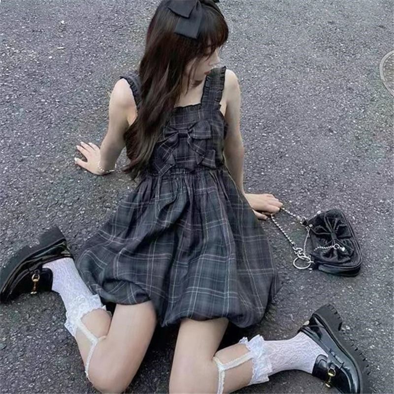 Đầm Hai Dây Sọc Ca Rô Đính Nơ Thời Trang Mùa Hè Hàn Quốc Plus Size Cho Nữ