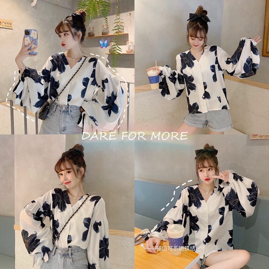 SUXI Áo Kiểu Tay Phồng Dài Cổ Chữ V Form Rộng Phong Cách Vintage