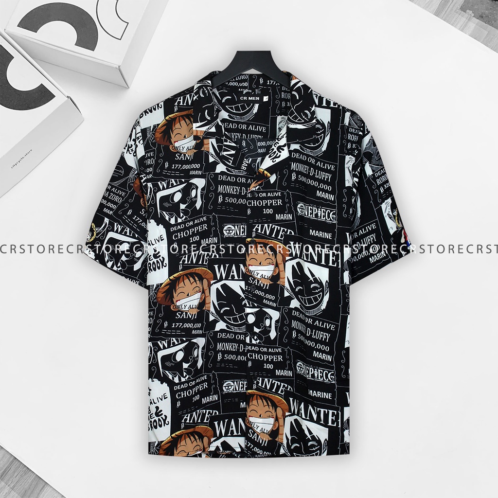 Áo Sơ Mi Monkey D. Luffy Đen Ngắn Tay Form Rộng Unisex Nam Nữ Vải Lụa