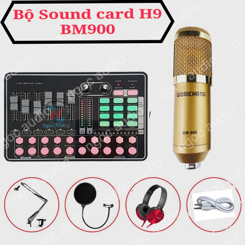 Trọn bộ thu âm live stream SoundCard H9 bluetooth và micro BM900 đầy đủ phụ kiện-Bảo hành 6 tháng