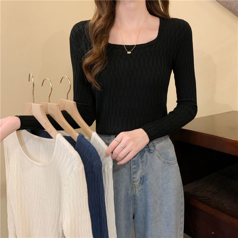 Áo dệt kim cổ vuông tay dài phong cách thời trang thu đông cho nữ