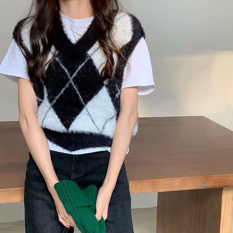[ORDER] Áo khoác gile len cộc tay Rox hoạ tiết hình thoi style Hàn Quốc - Có ảnh thật