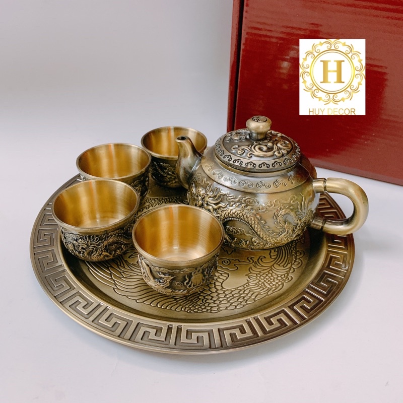 Bộ ấm chén uống trà Bộ ấm chén để đồ thờ bằng kim loại đồng hoa văn rồng phượng tinh xảo Huydecor