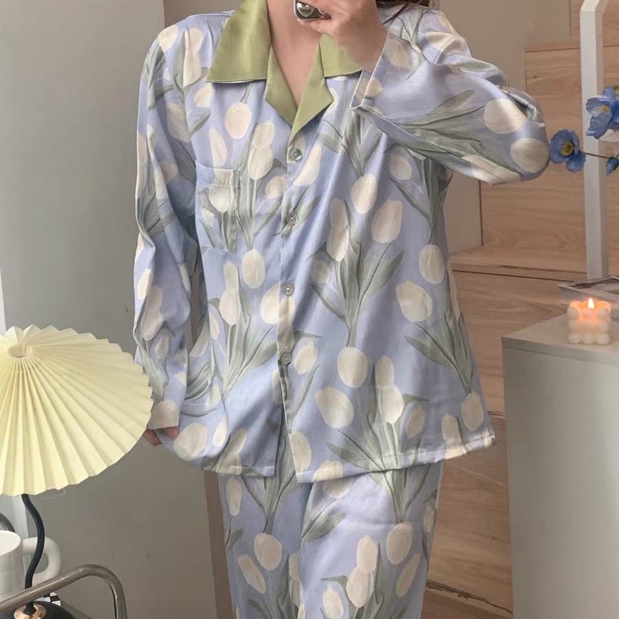 [Spot] Bộ Đồ Ngủ Dài Tay Bằng Lụa Băng Hoa tulip Thời Trang Hàn Quốc Có Thể Mặc Ở Nhà