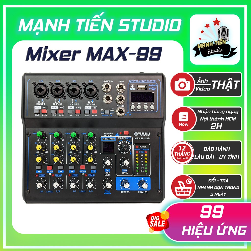 Mixer Yamaha Max 99 USB bluetooth 16 chế độ vang karaoke gia đình, livestream fb