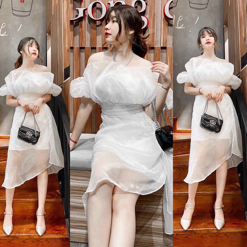 ĐẦM MIDI VOAN TƠ TRẮNG XẾP NHÚN RỚT VAI TÀ LỆCH
