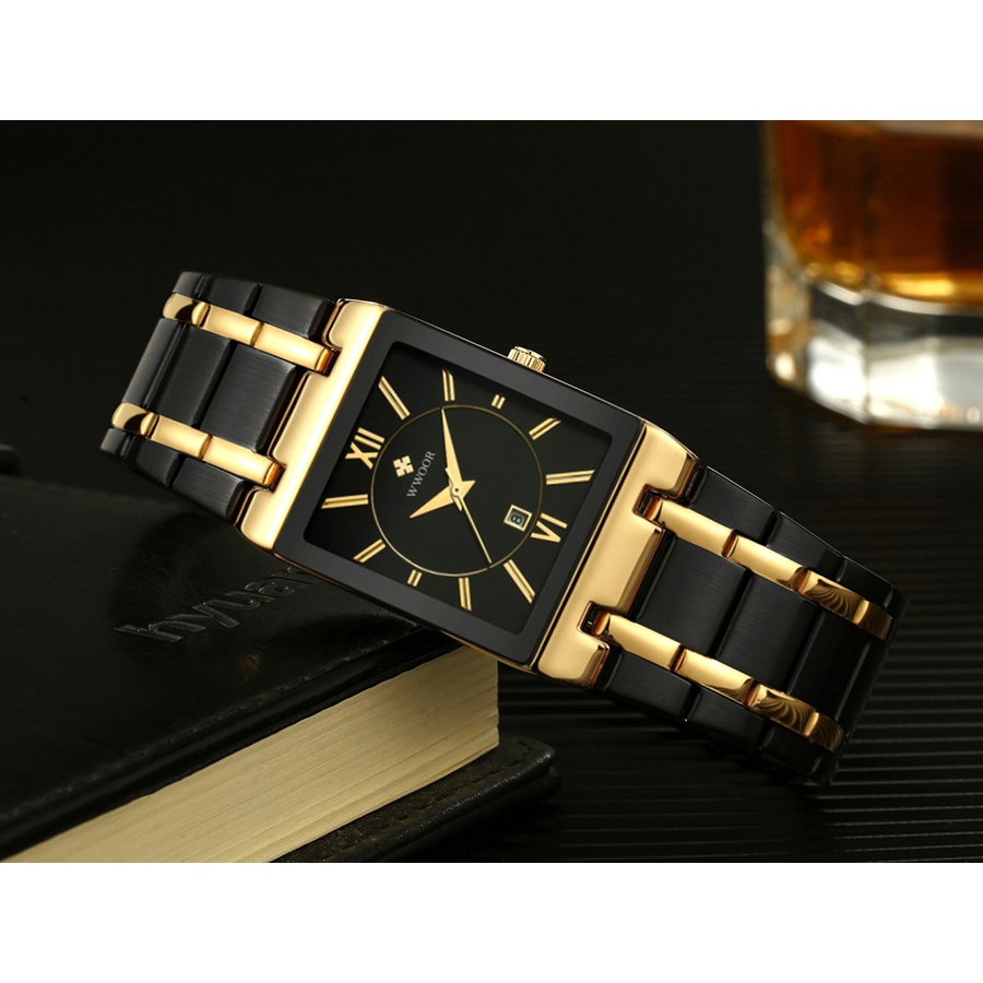 Wwoor Relogio Masculino Đồng Hồ Quartz Mặt Vuông Bằng Thép Không Gỉ Mạ Vàng Sang Trọng Kèm Hộp-8858