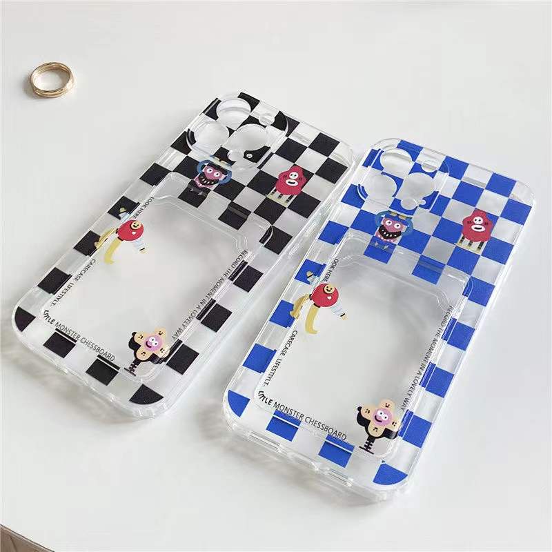 Ốp Điện Thoại Dẻo Trong Suốt Họa Tiết Bàn Cờ Kèm Ngăn Đựng Thẻ Cho iPhone 13 11 12 Pro Max X XS XR 7 8 Plus SE 2020