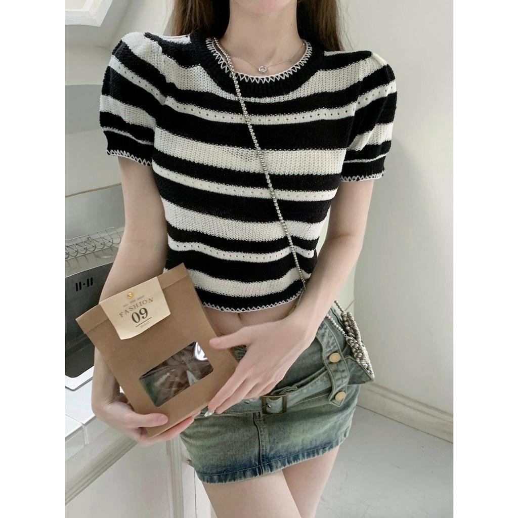 ZHELIHANGFEI Áo Dệt Kim Ngắn Tay Lưng Cao Ôm Dáng Họa Tiết Kẻ Sọc Ngọt Ngào Cho Nữ