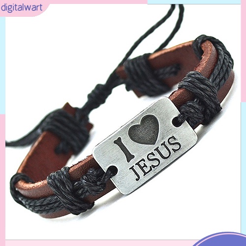 Vòng tay giả da mặt khắc chữ I Love Jesus độc đáo