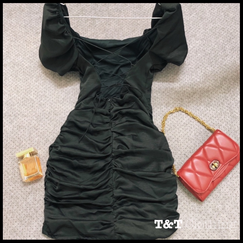 Váy Body Màu Đen 🌸 Đầm Dự Tiệc Hở Lưng Chất Lụa CÓ MÚT NGỰC Tay Phồng Cổ Vuông, Dây Đan Chéo Lưng Sexy - D0053 | 23tshop | BigBuy360 - bigbuy360.vn