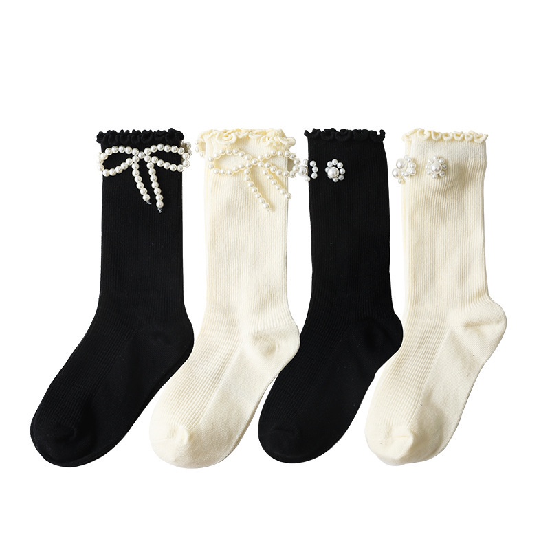 Vớ Cotton Màu Trơn Đính Ngọc Trai Cho Bé 3-12 Tuổi