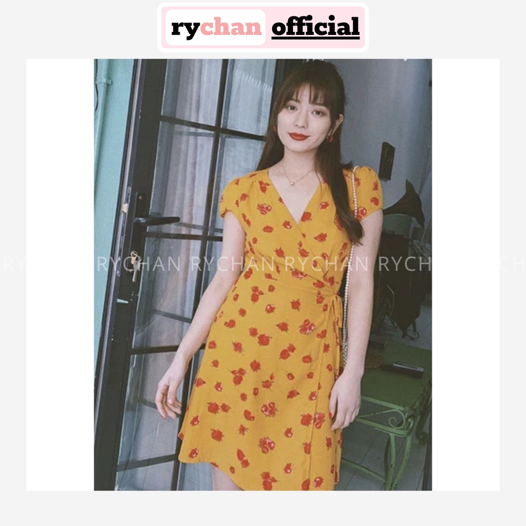 Đầm Xòe Đi Du Lịch Đi Biển Hoa Vàng Đắp Chéo Cột Eo - DX887