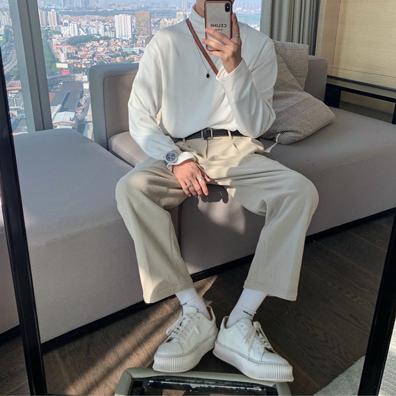 Áo thun tay dài cổ cao dáng rộng màu trơn thời trang thu đông cho nam | BigBuy360 - bigbuy360.vn