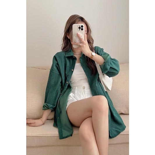 Áo sơ mi dài tay nhung tăm màu trơn xanh lá hot hit chất LOẠI 1 oversize 2monday