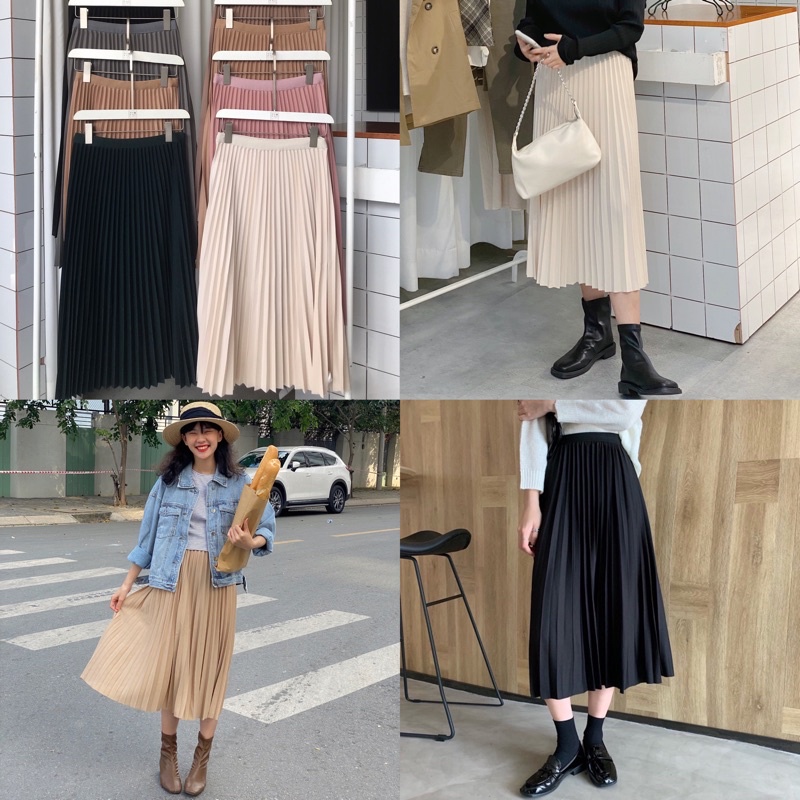 Chân váy maxi xếp ly lưng thun - V658