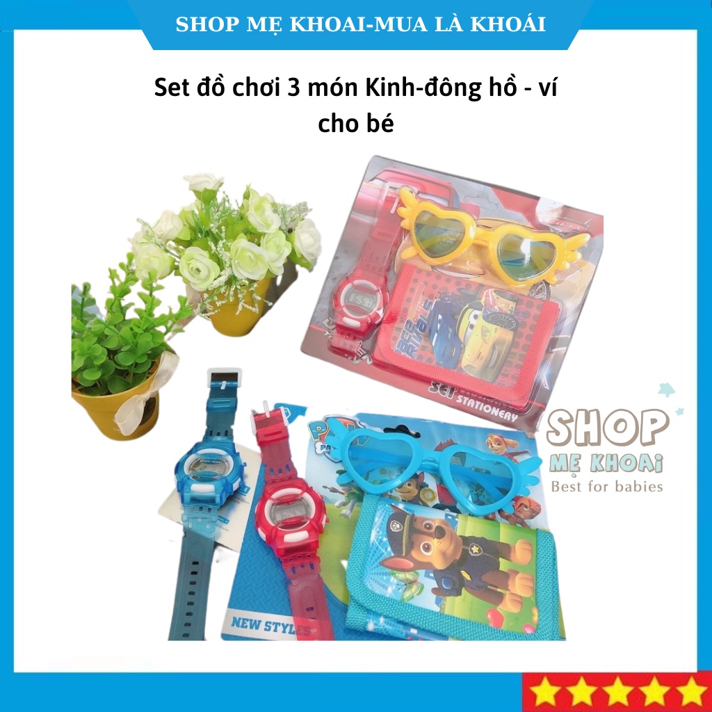 Đồ chơi cho bé, đồ chơi trẻ em Set 3 món Đồng hồ + Kính + Ví cho bé in hình hoạt hình cho bé vô cùng  thích thú