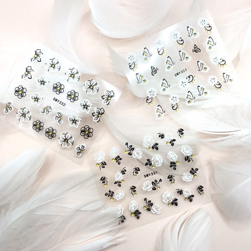 Sticker dán móng nail hoa lá trắng đen 3d