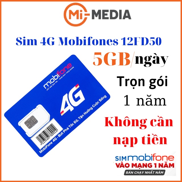 Sim 4g mobifone 12FD50 trọn gói 1 năm (5GB/ngày) miễn phí 12 tháng truy cập internet không cần nạp tiền