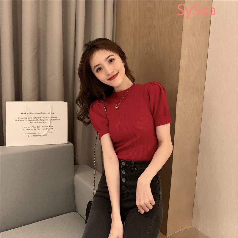 Áo kiểu dệt kim tay ngắn ôm dáng vừa vặn thời trang mùa thu dành cho nữ