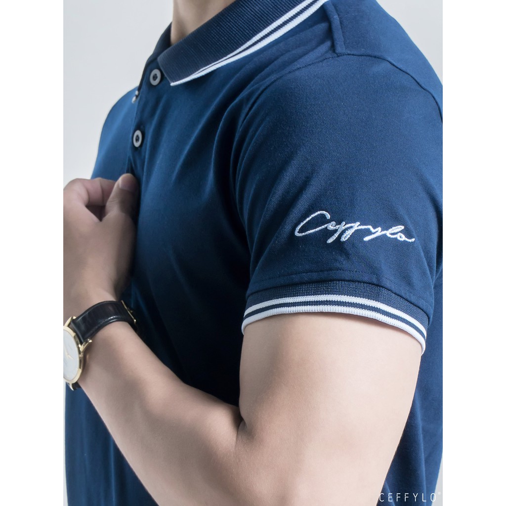 Áo Polo tay thêu chữ Xanh Navy vải Cotton mềm mịn CEFFYLO